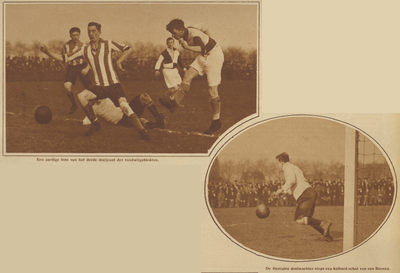 871072 Collage van 2 foto's betreffende de vriendschappelijke voetbalwedstrijd tussen de Utrechtse clubs Hercules en ...